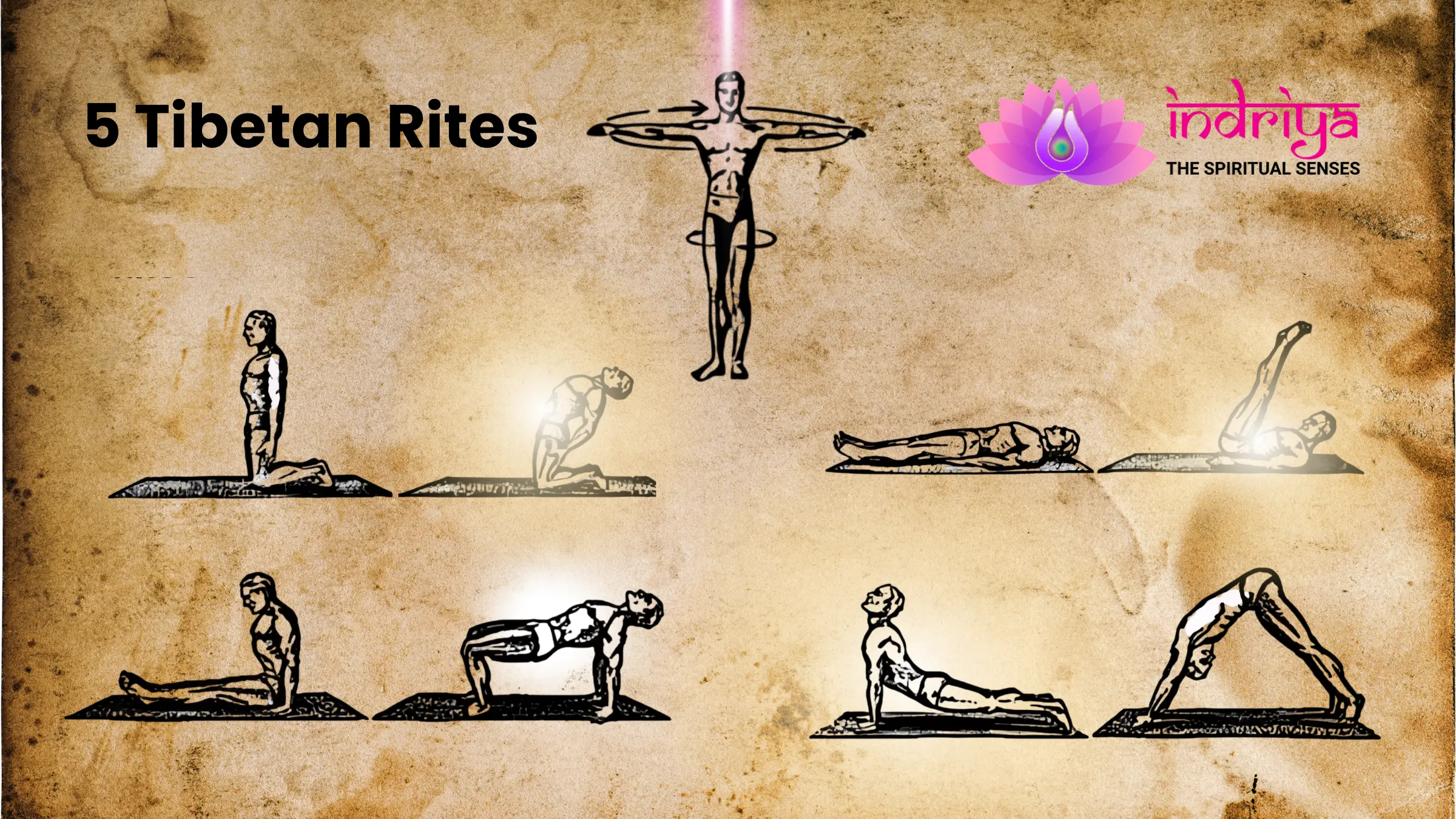 The image depicts a guide to the '5 Tibetan Rites,' illustrations demonstrating each of the five rites in sequence on a parchment-style background.